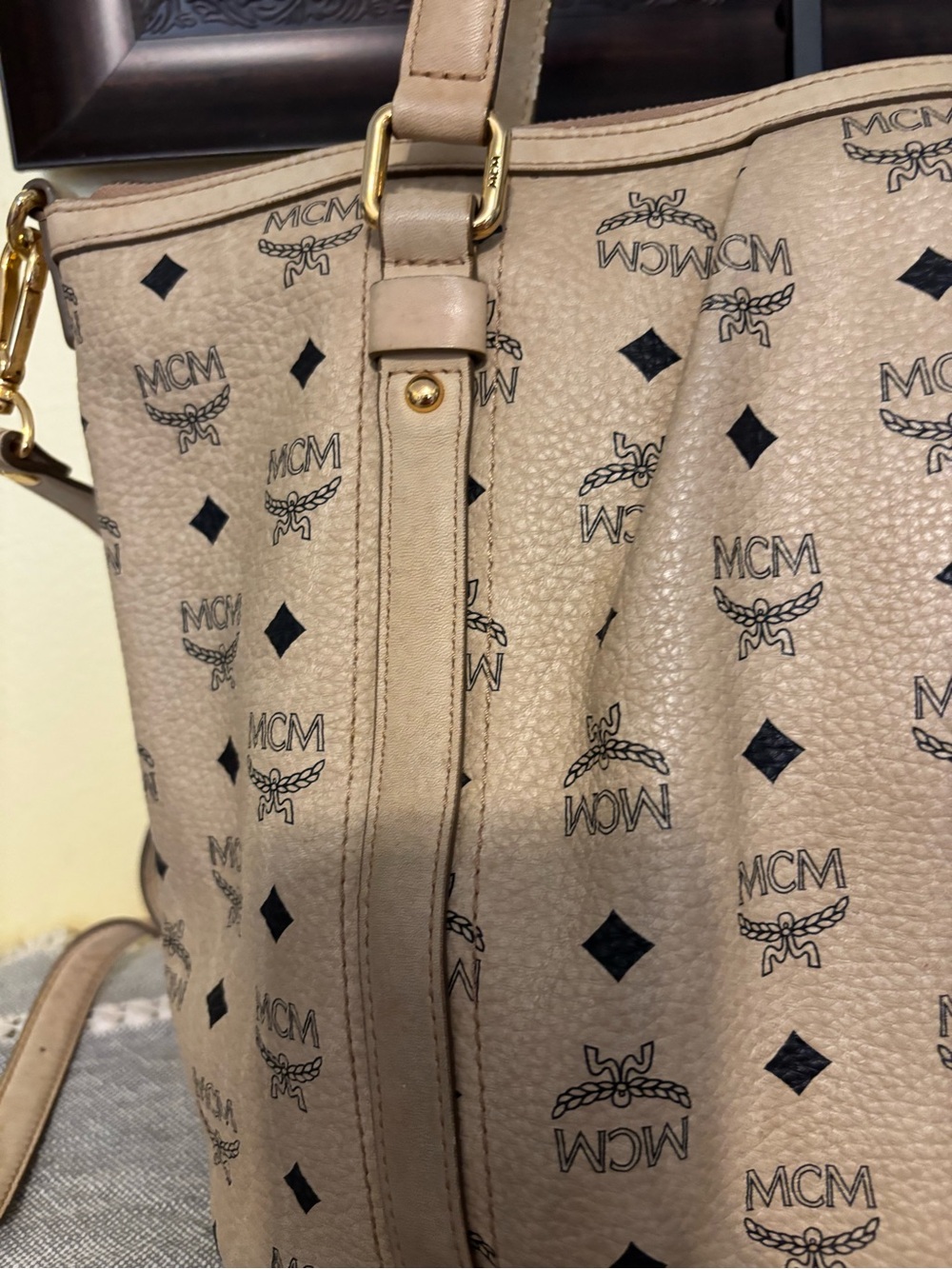 MCM Beige Logo Monogram Tote with Gold Plaque - Picture 8 of 14